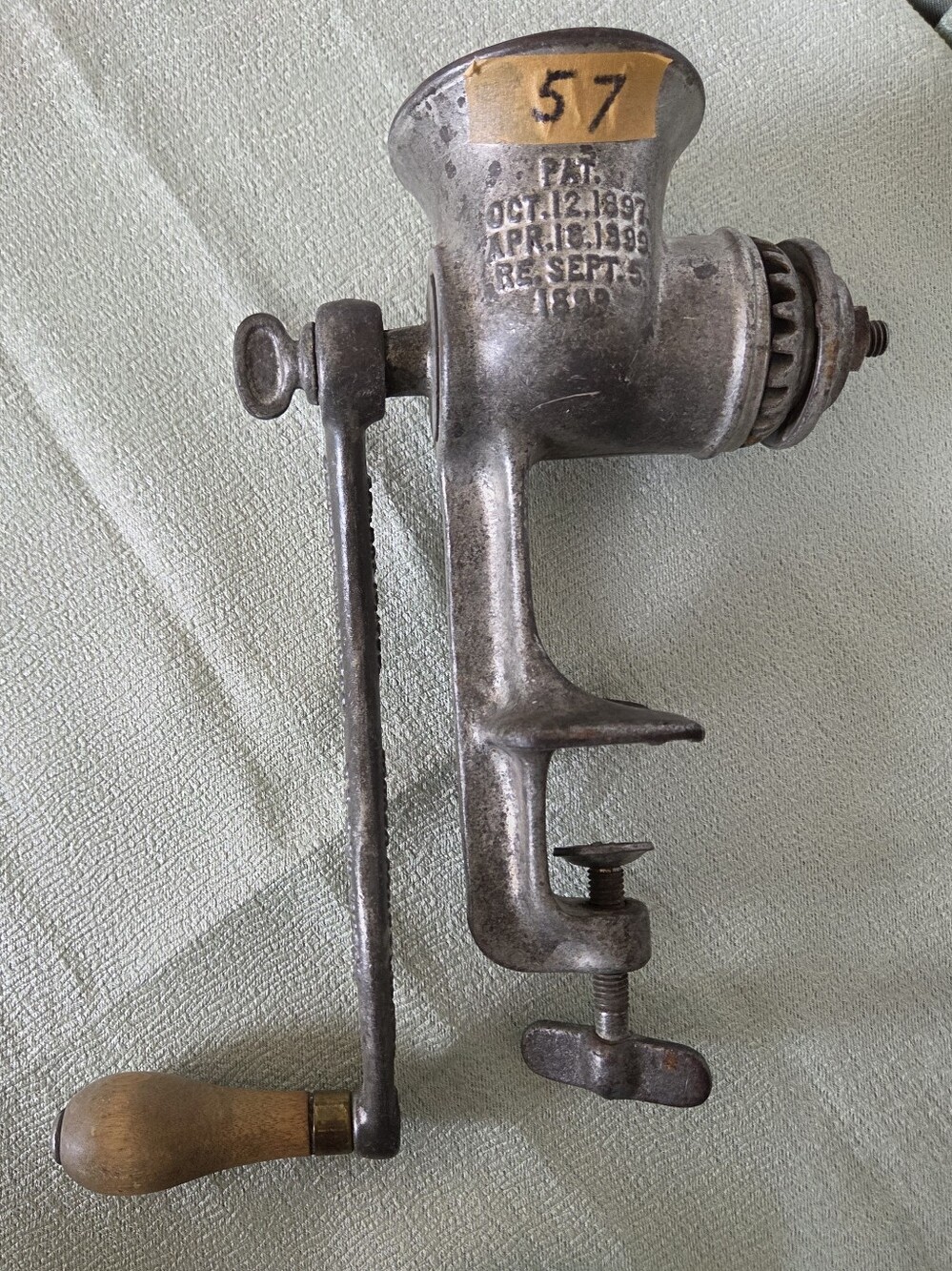 Antique Hand Crank Food Grinder - Silver Metal with Wood Handle